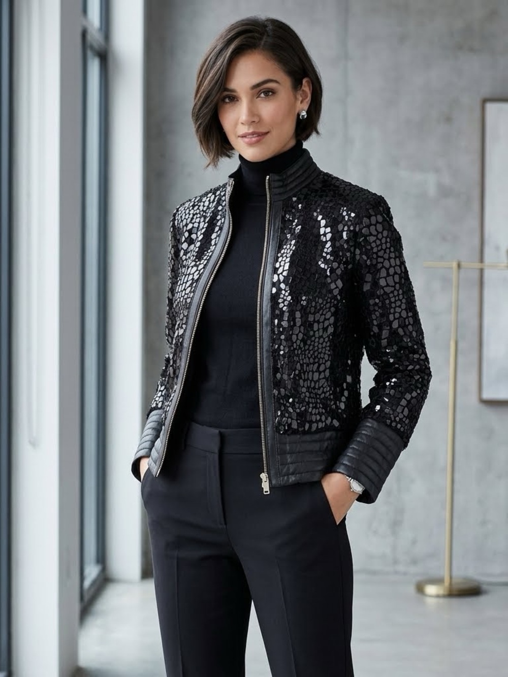 Neiman Marcus Glitz Art to Wear Black Sequin Leather Bomber Jacket